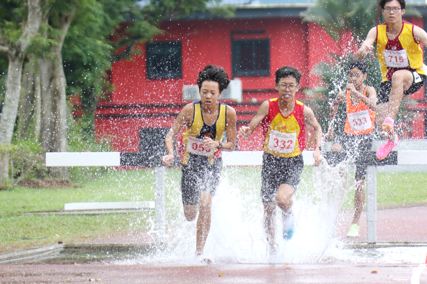Four young runners splash through a water obstacle in a steeplechase race, wearing numbered bibs.